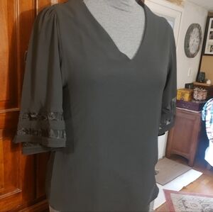 Black V-Neck Blouse with Ribbon-Trim Puff Sleeves